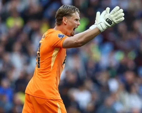 Antonin Kinsky shouts to his teammates during the Premier League match between Aston Villa and Tottenham Hotspur